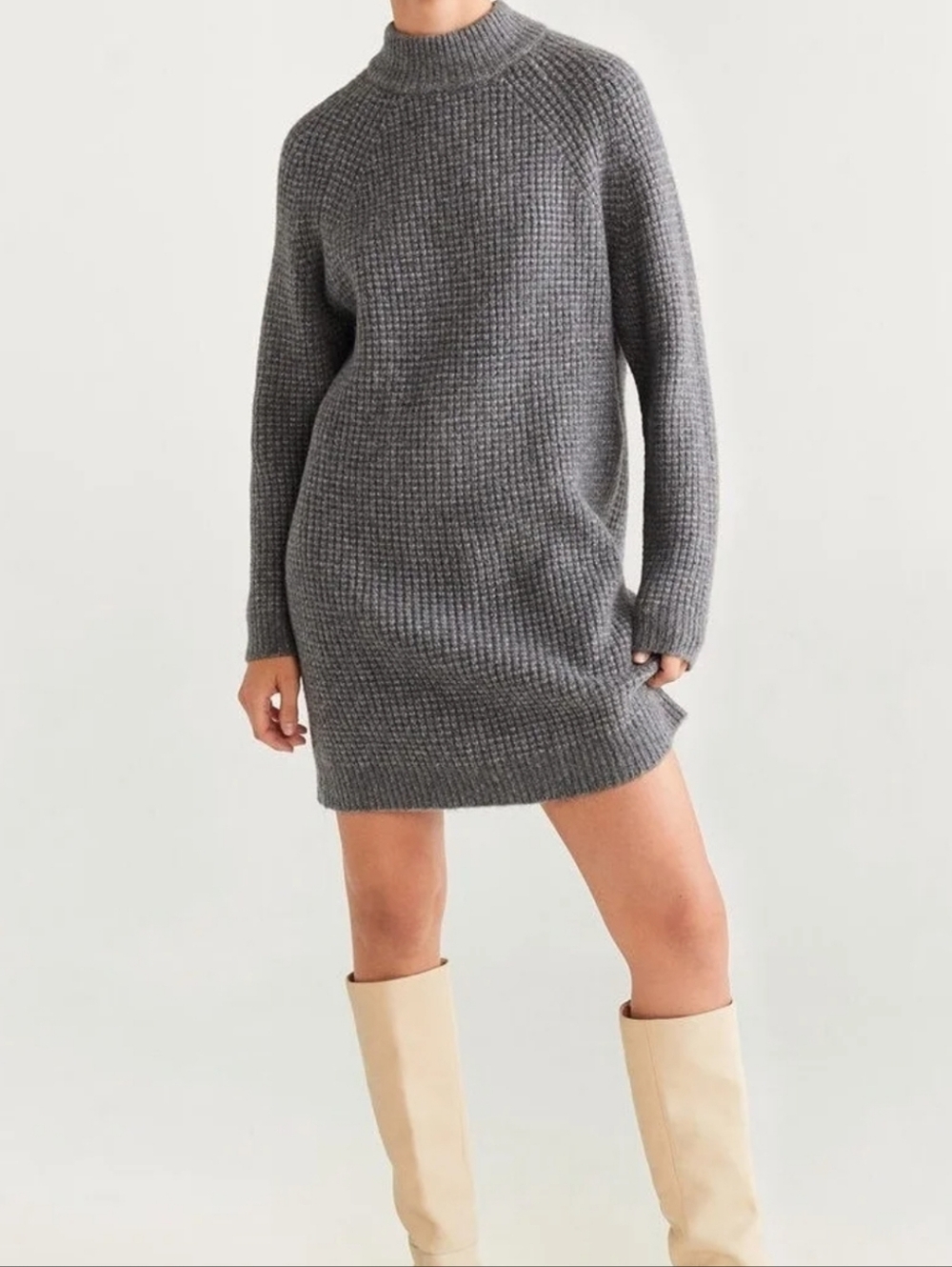 Mango MNG Basics Heathered Grey Wool Blend Knit Mini Sweater Dress‎